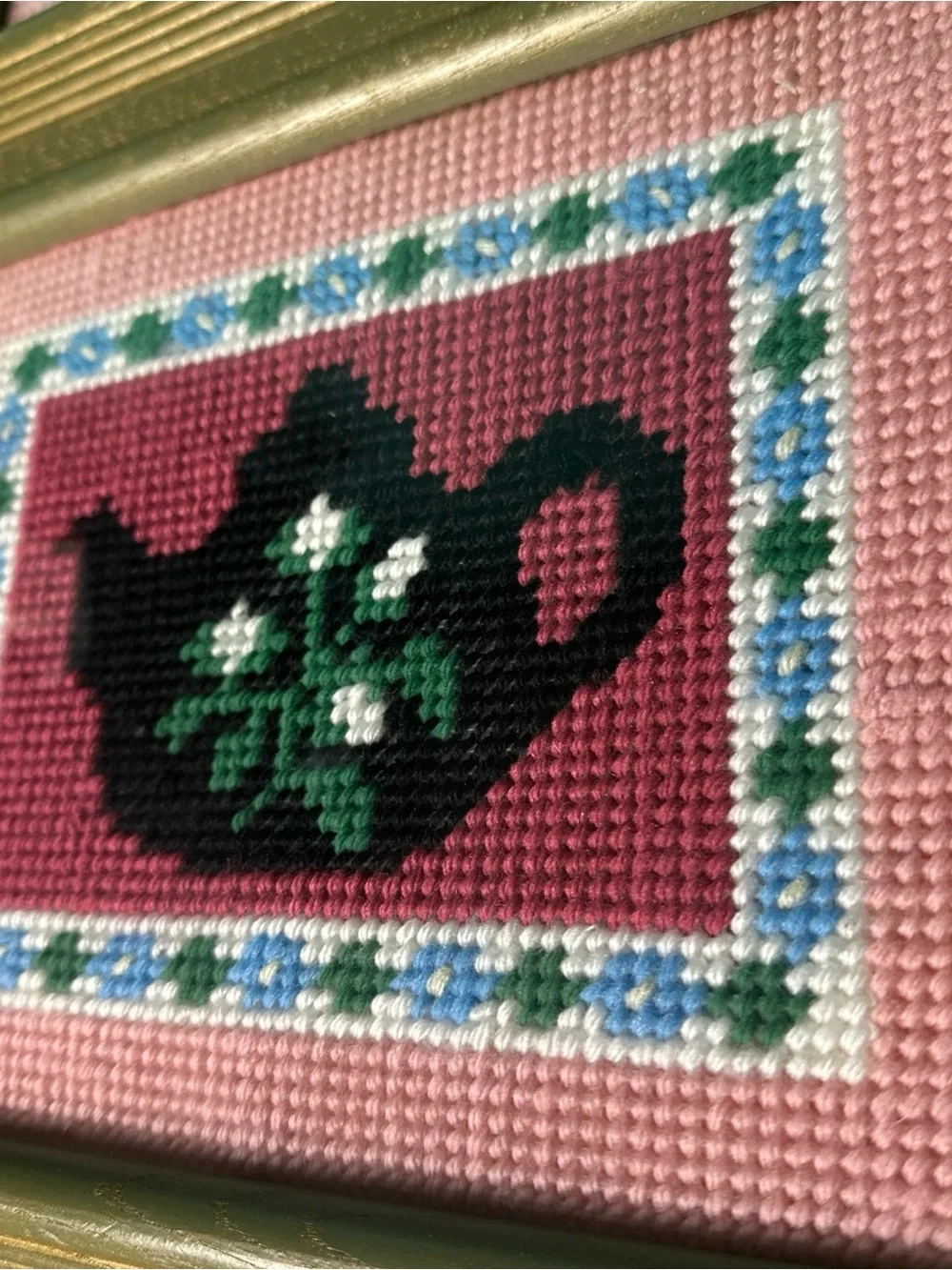 Vtg Framed Needlepoint Wall Art Set Teapot Coffeepot Pink Gold 10.25x12.25”